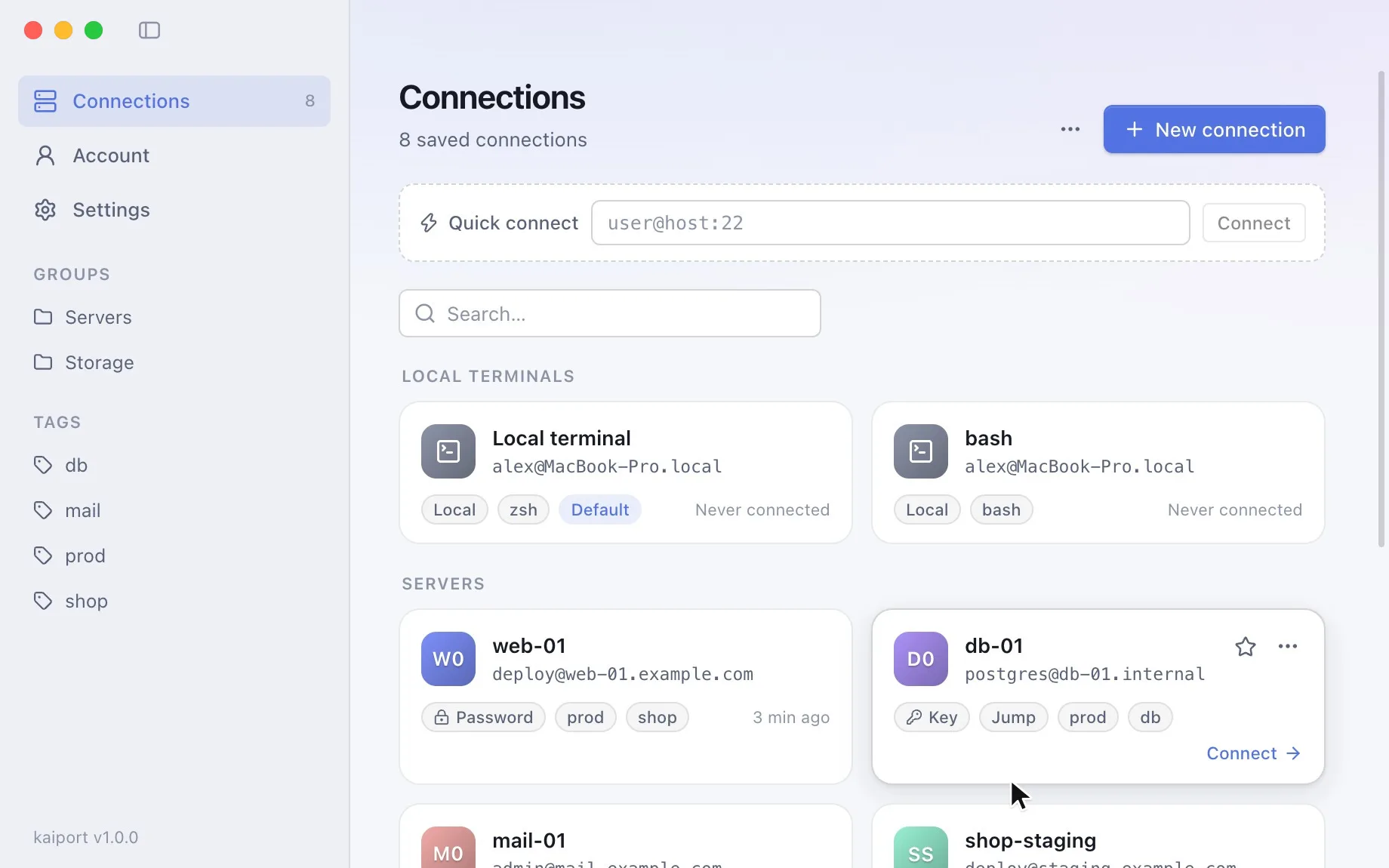 Video: connections filtered by group and search, then the connection types SSH, S3, WebDAV, Azure and FTP