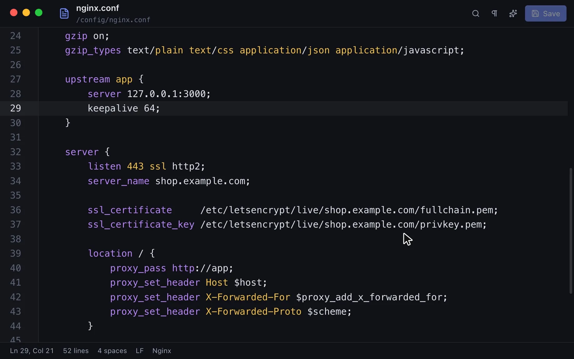 Video: nginx.conf in the editor, a search for proxy_, a changed value and the save back to the FTP server