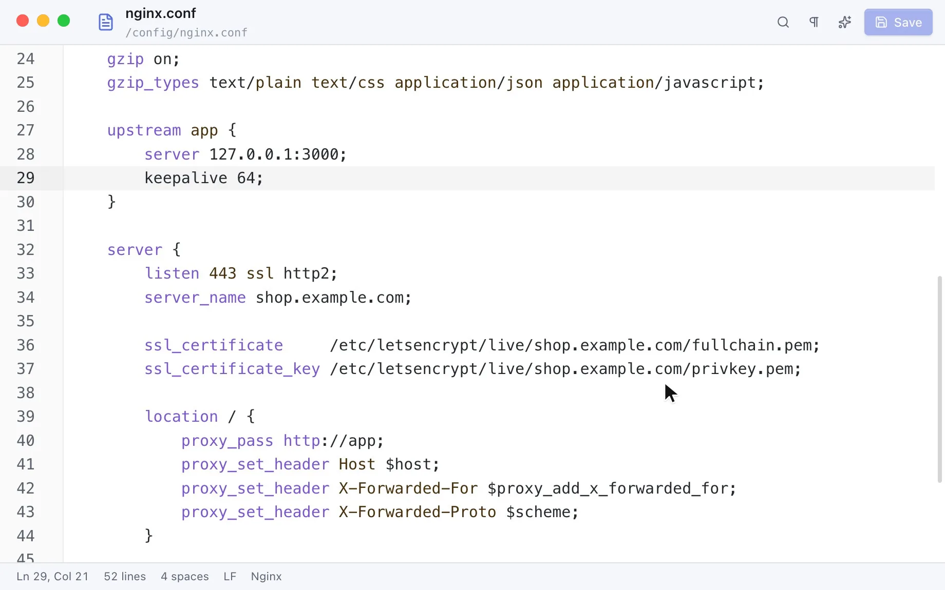 Video: nginx.conf in the editor, a search for proxy_, a changed value and the save back to the FTP server